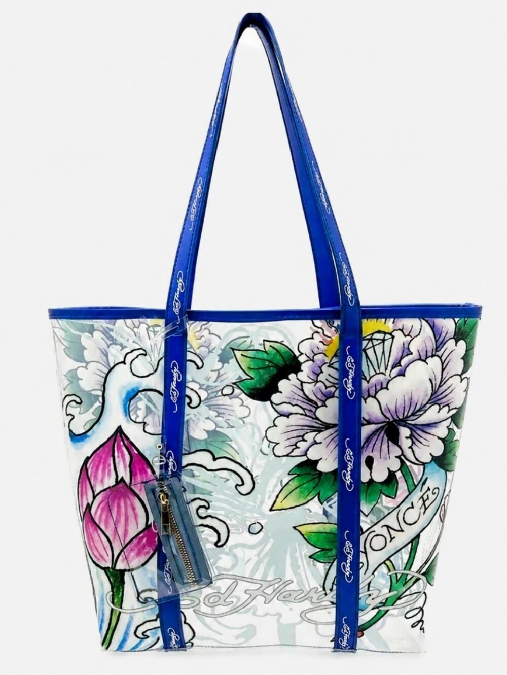 Ed Hardy Clear Floral Tote with Blue Trim and Purple Accents